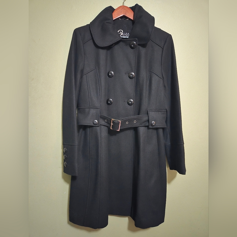 Guess Double Breasted and Belted Wool Blend Peacoat in Black